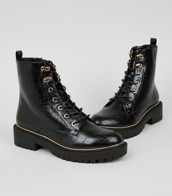 Black Faux Croc Chunky Lace Up Boots 