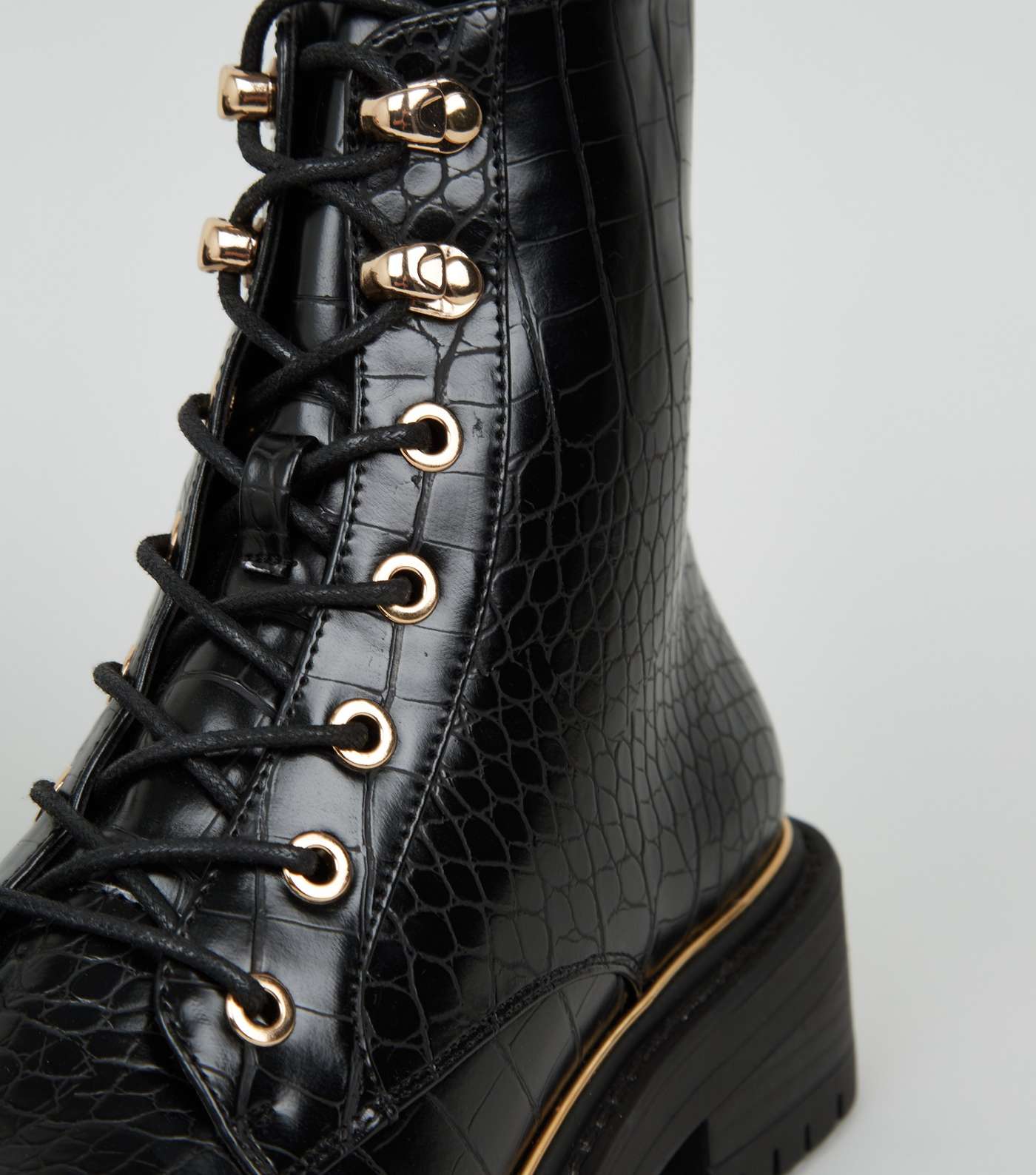 Black Faux Croc Chunky Lace Up Boots Image 4