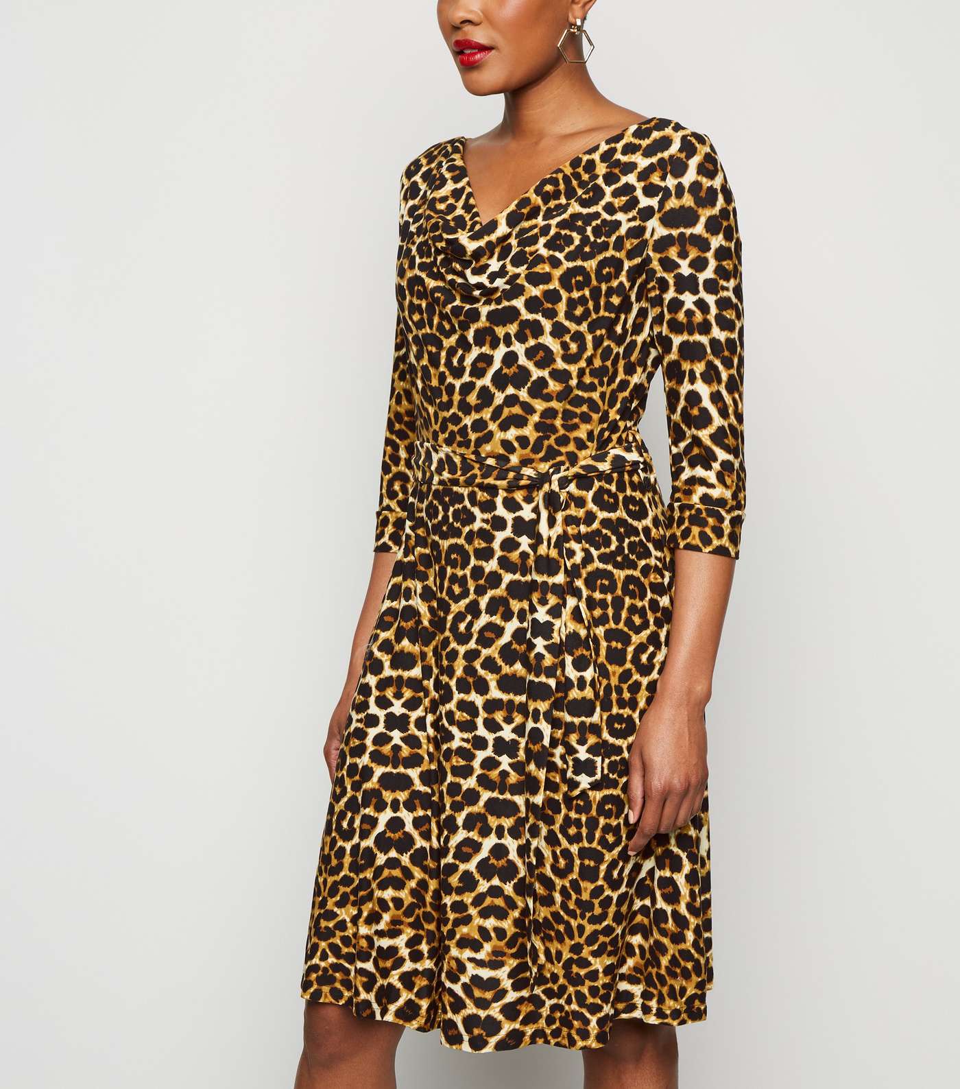 Blue Vanilla Brown Leopard Print Cowl Neck Dress