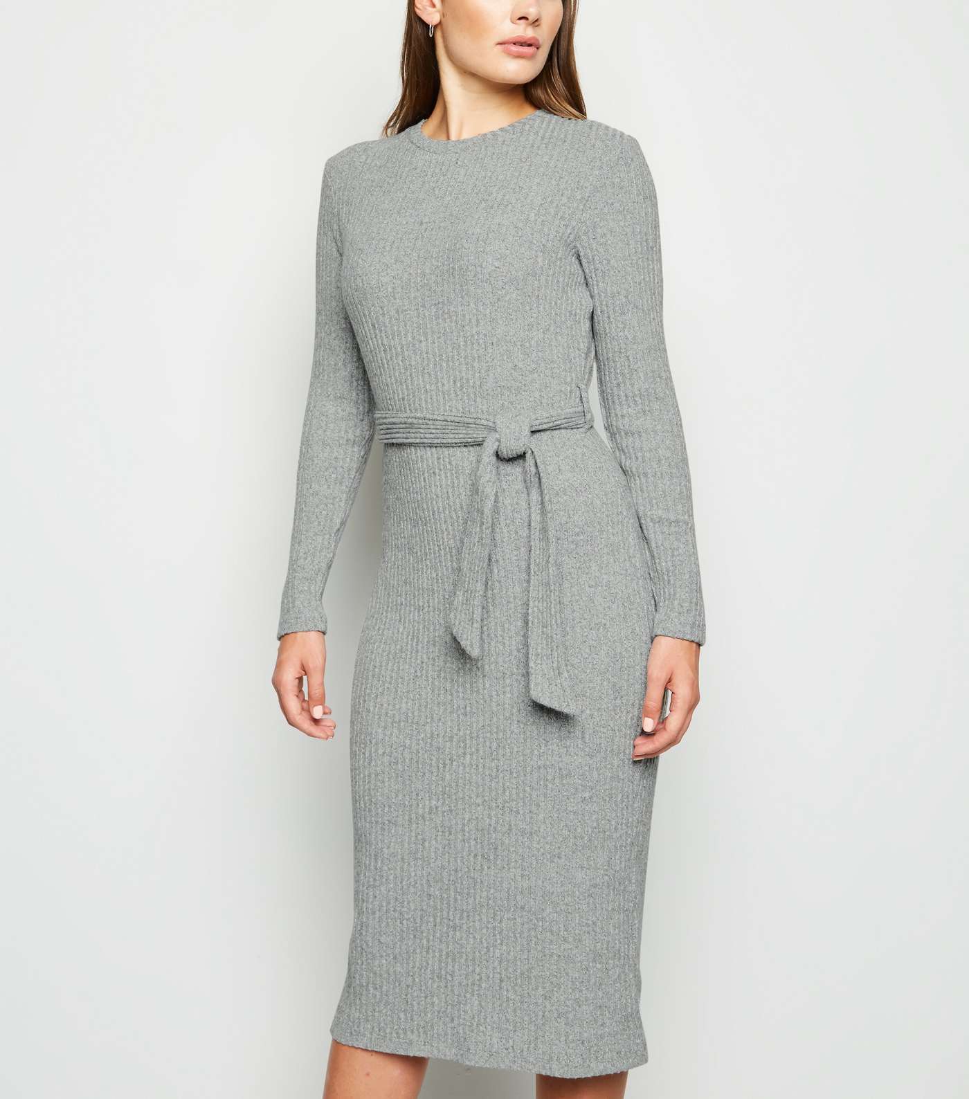 Grey Ribbed Knit Belted Midi Dress
