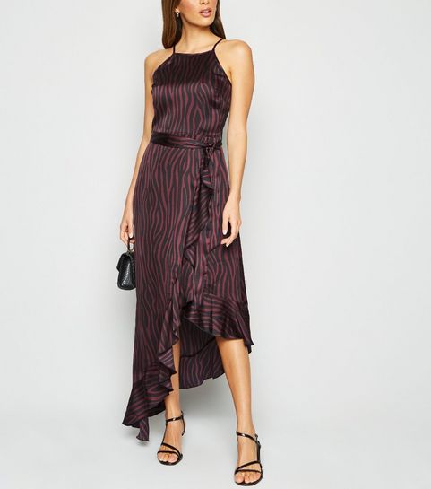 Red Satin Zebra Print Ruffle Midi Dress