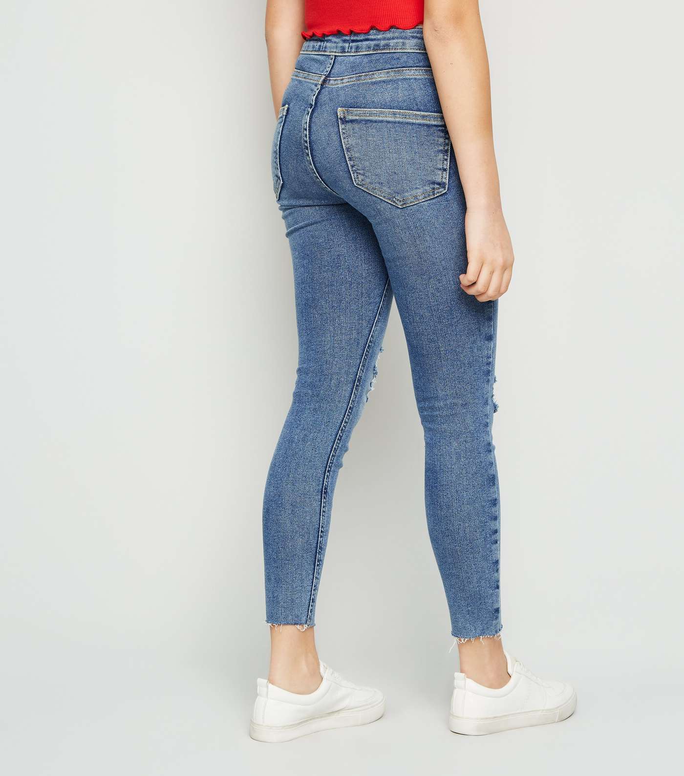 Girls Blue Mid Wash Ripped High Waist Super Skinny Jeans Image 3