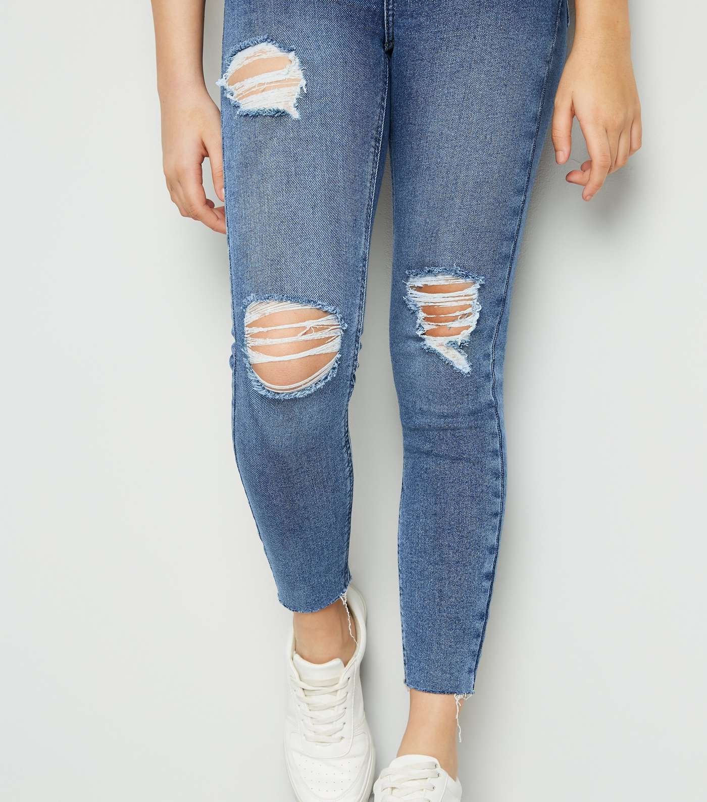 Girls Blue Mid Wash Ripped High Waist Super Skinny Jeans Image 5