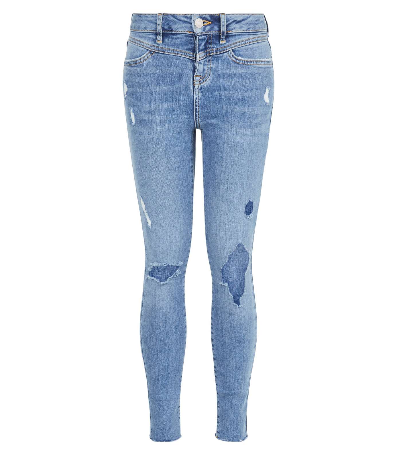 Girls Blue Ripped Frayed Hem Skinny Jeans Image 4
