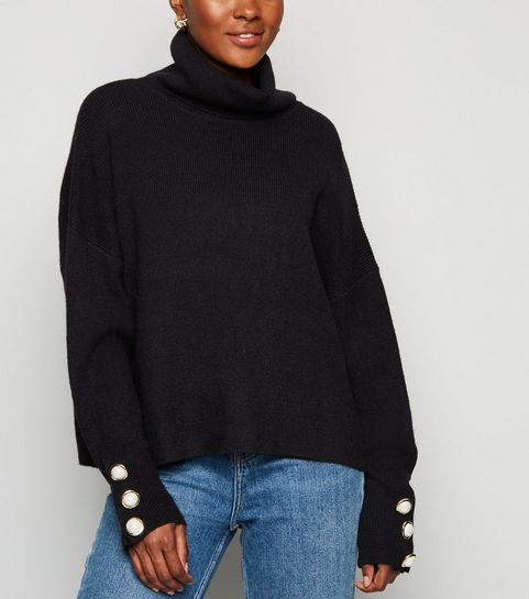 Cameo Rose Black Faux Pearl Roll Neck Jumper