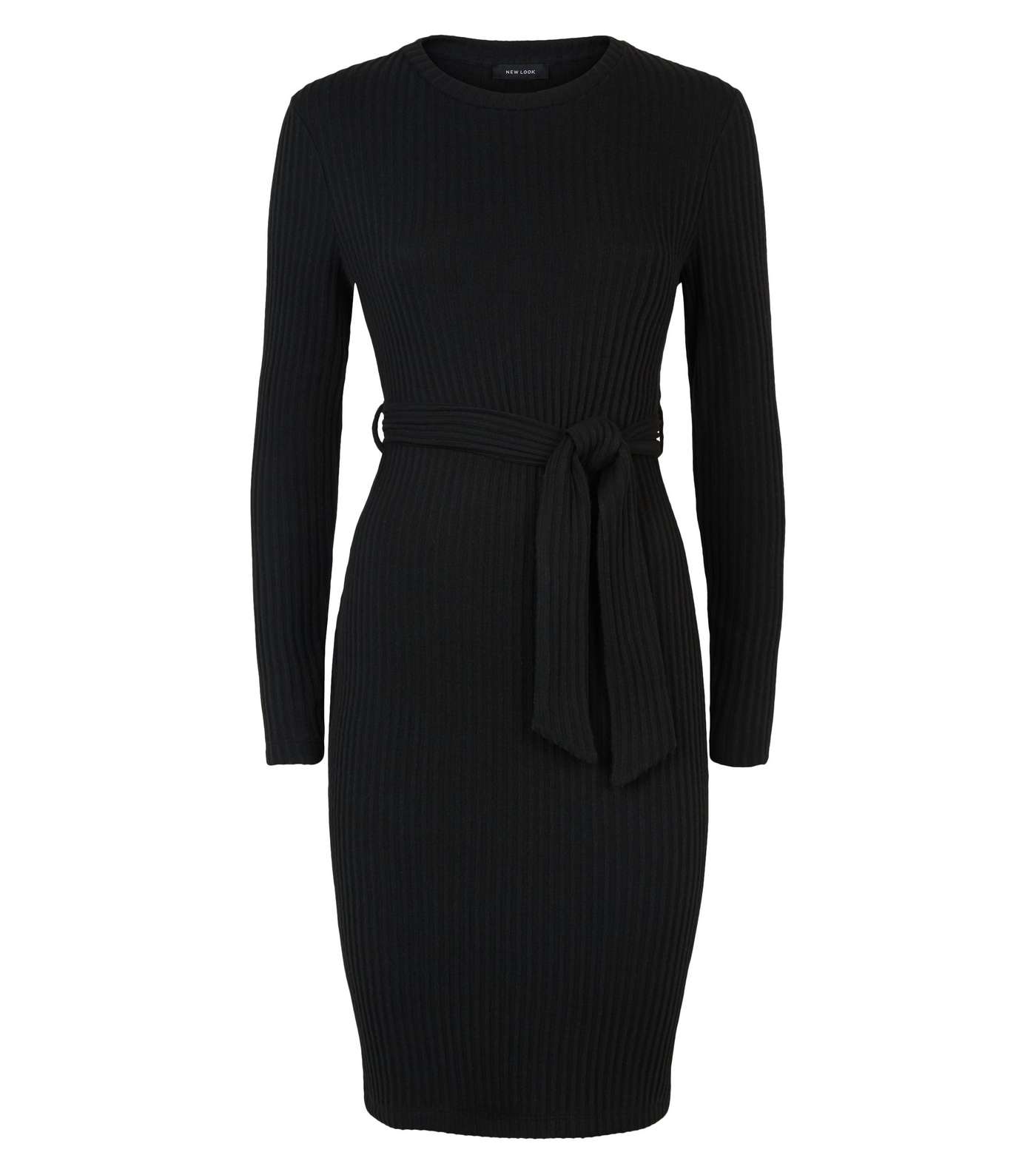 Black Ribbed Fine Knit Belted Tunic Dress Image 4