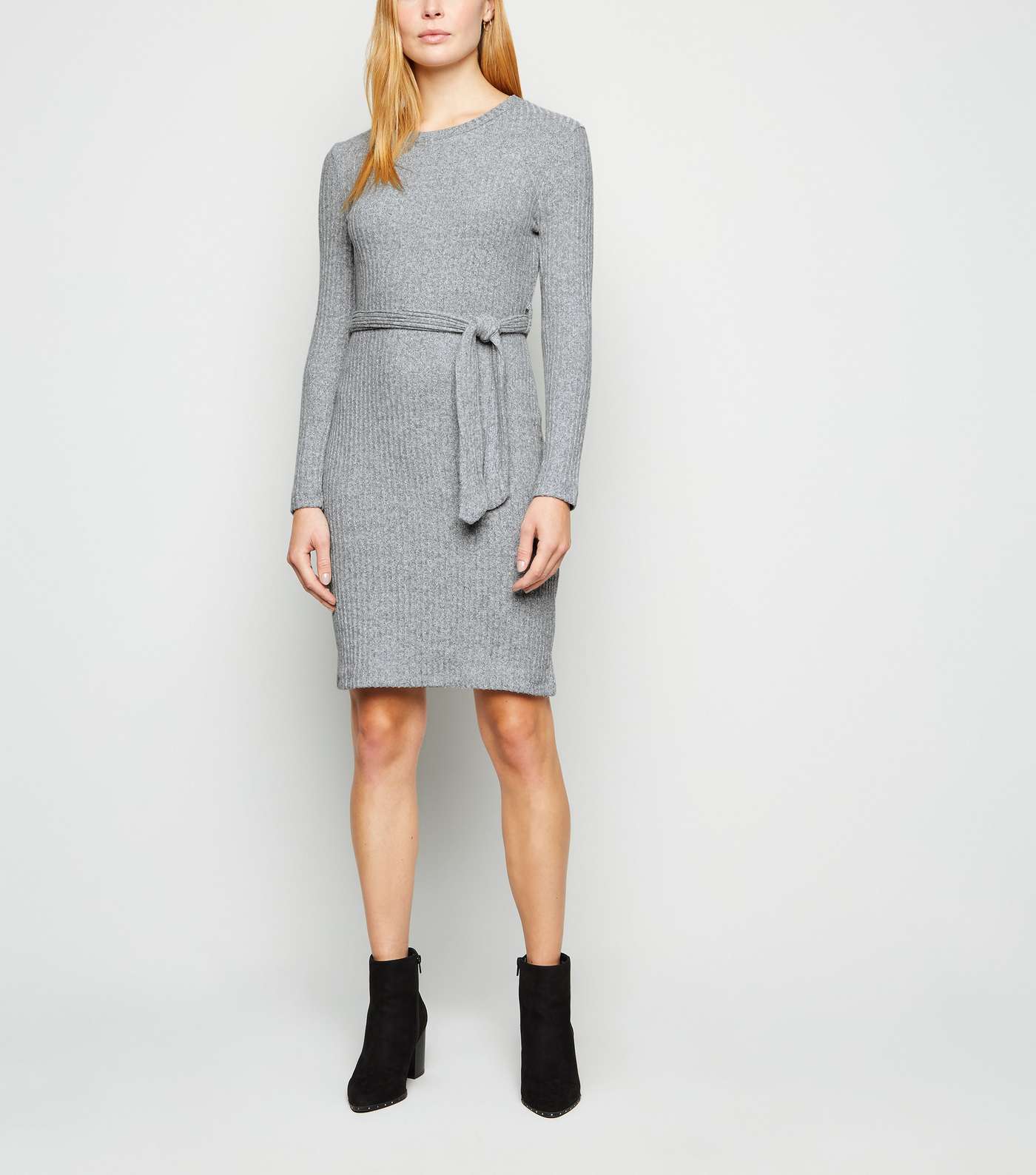 Grey Ribbed Knit Belted Tunic Dress