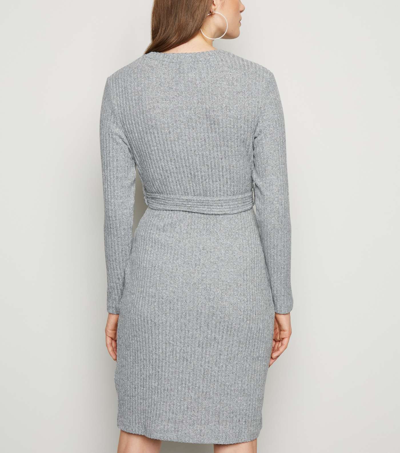 Grey Ribbed Knit Belted Tunic Dress Image 3