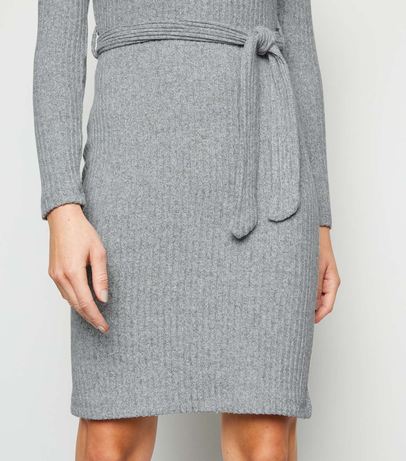 Grey Ribbed Knit Belted Tunic Dress Image 5