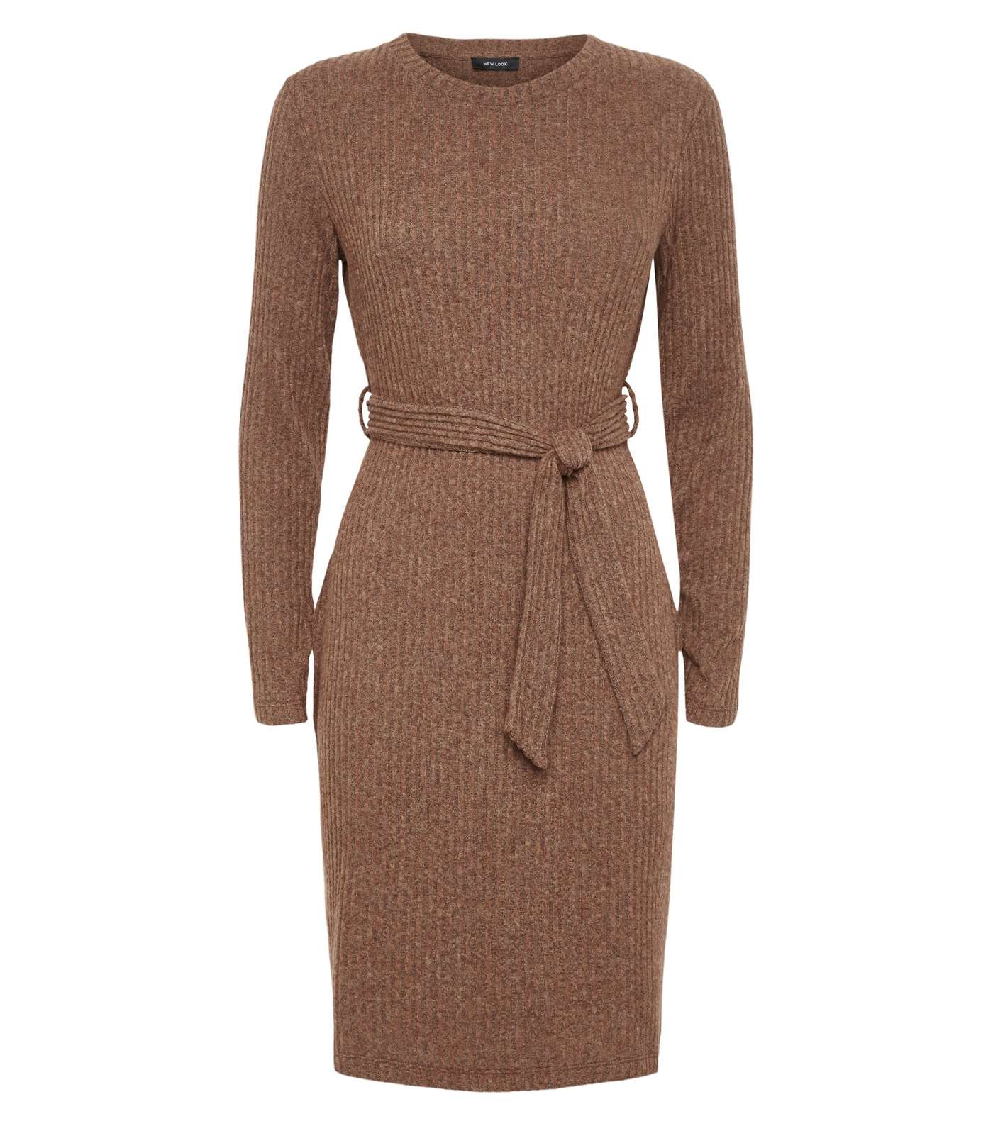 Rust Ribbed Fine Knit Belted Tunic Dress Image 4