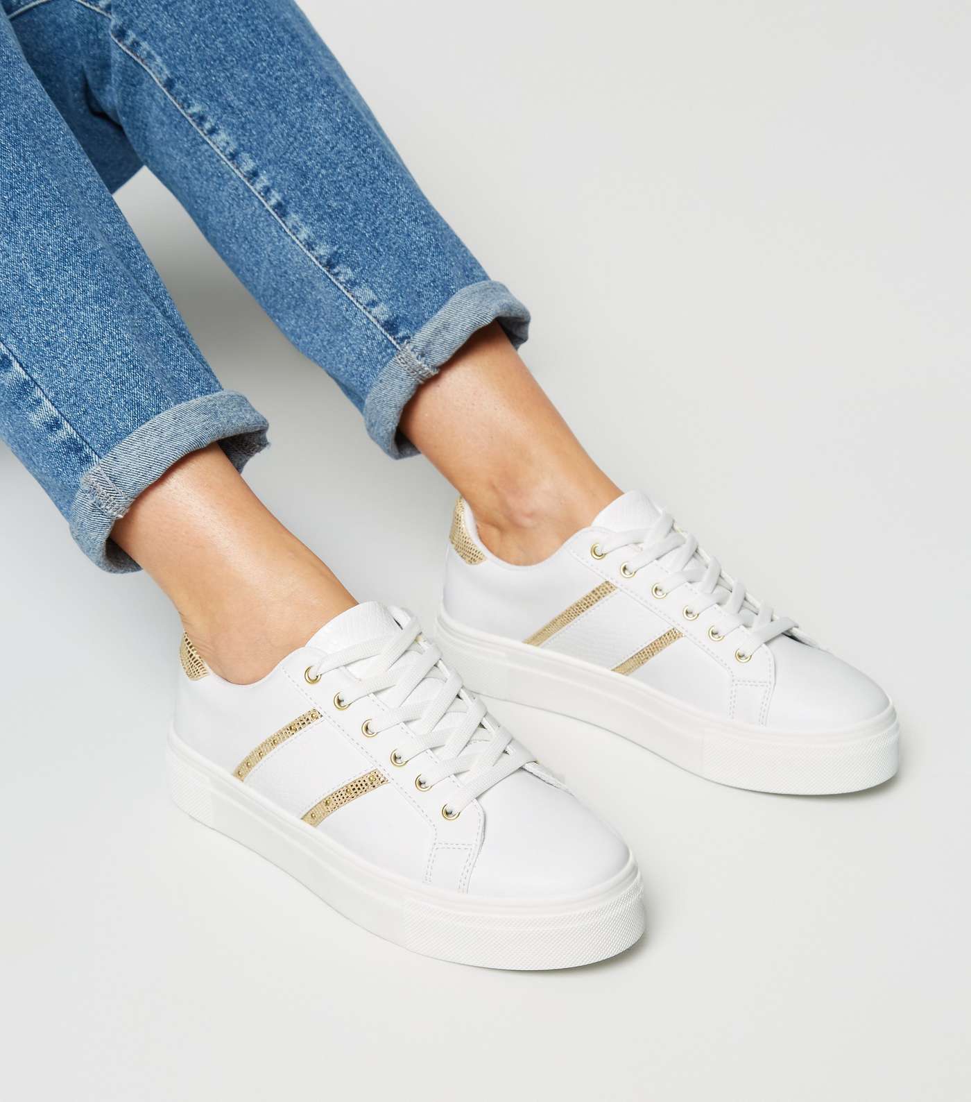 White Leather-Look Faux Croc Stripe Trainers Image 2