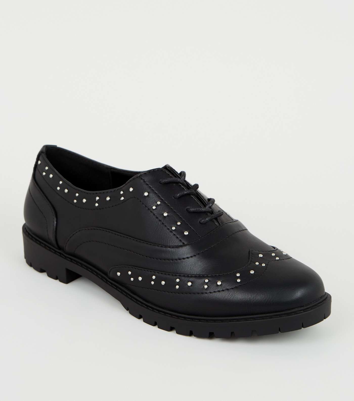 Wide Fit Black Leather-Look Studded Lace Up Shoes