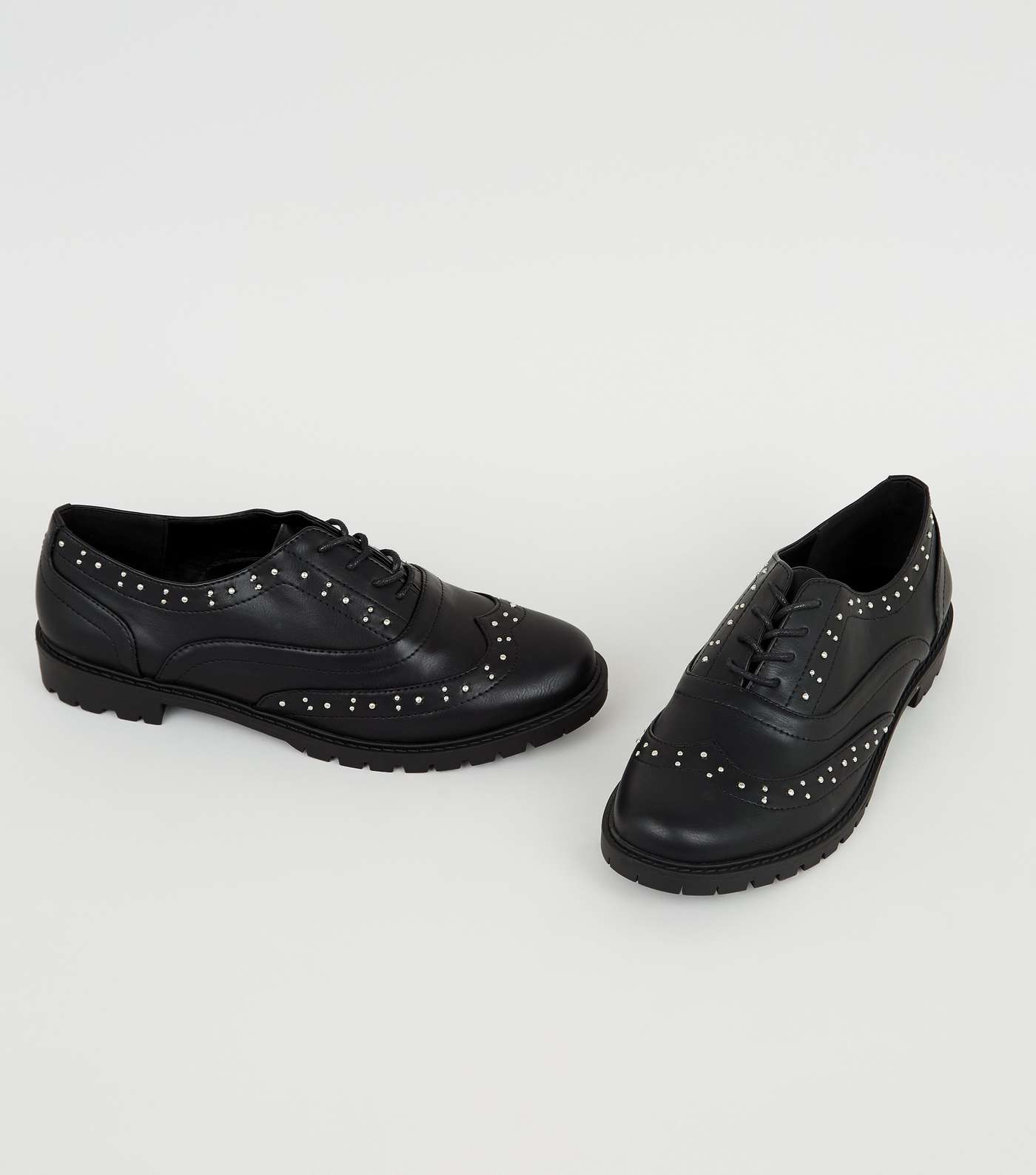 Wide Fit Black Leather-Look Studded Lace Up Shoes Image 3