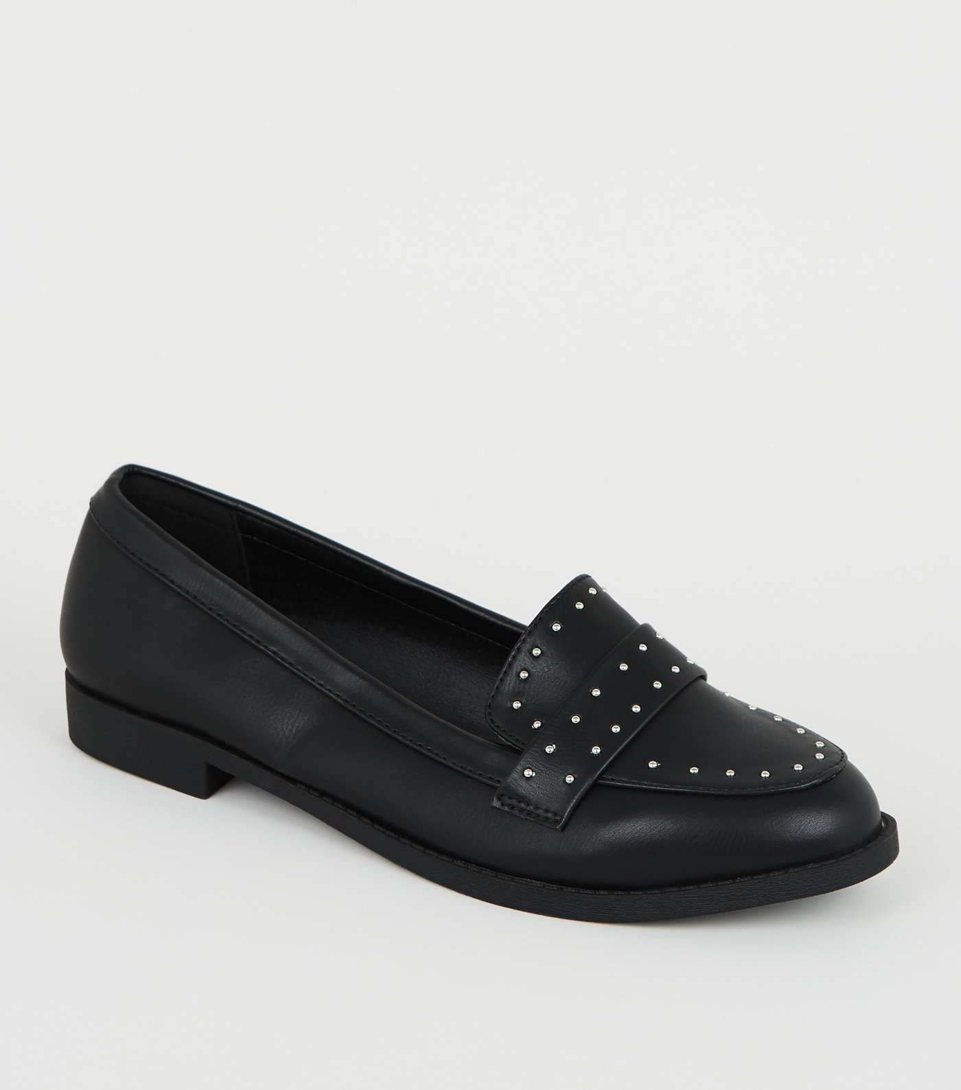 Wide Fit Black Leather-Look Studded Loafers