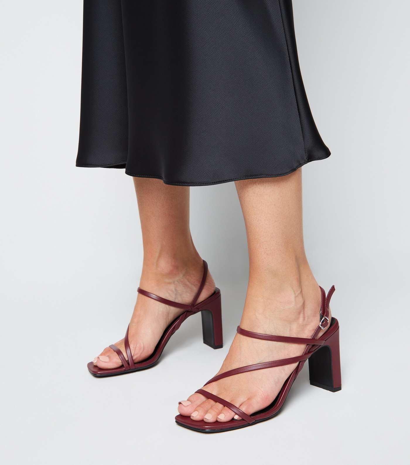 Burgundy Leather-Look Strappy Slim Block Heels Image 2