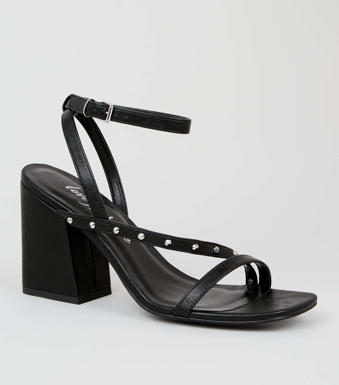 Black Leather-Look Stud Strappy Block Heels