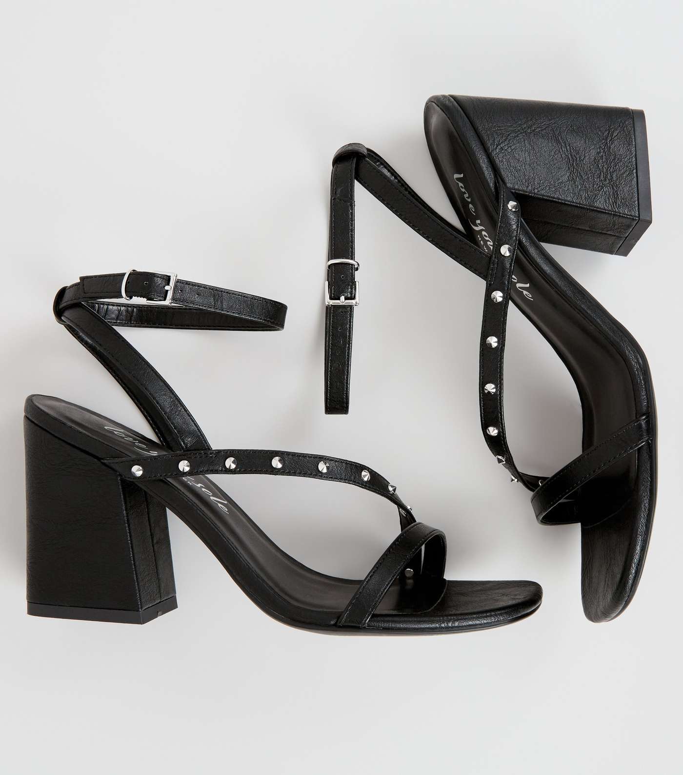 Black Leather-Look Stud Strappy Block Heels Image 3
