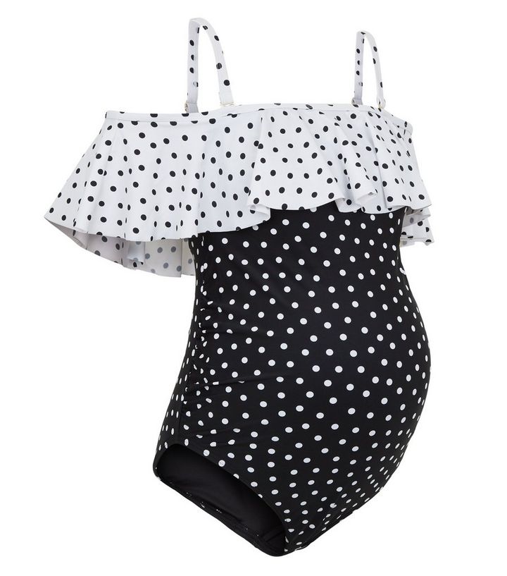 Gentleman appease shut Maternity Black Spot Ruffle Trim Swimsuit | New Look