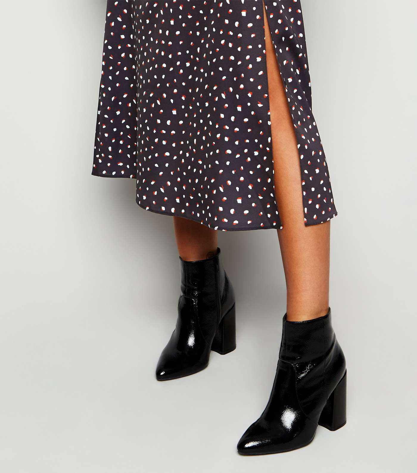 Black Satin Spot Side Split Midi Skirt Image 5