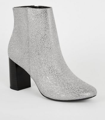 Silver Glitter Square Toe Heeled Ankle Boots | New Look