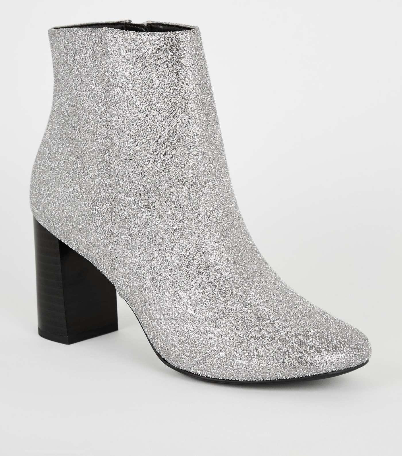 Silver Glitter Square Toe Heeled Ankle Boots