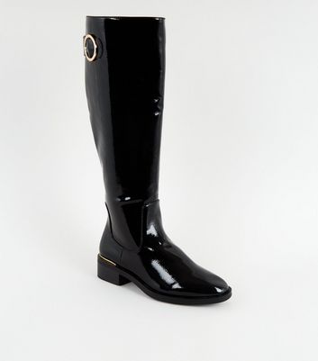 Black Patent Metal Trim Knee High Boots 