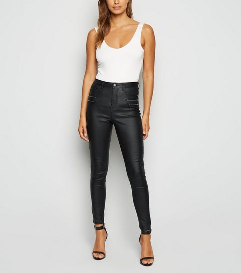 Cameo Rose – Schwarz beschichtete Skinny Jeans mit Reißverschluss 