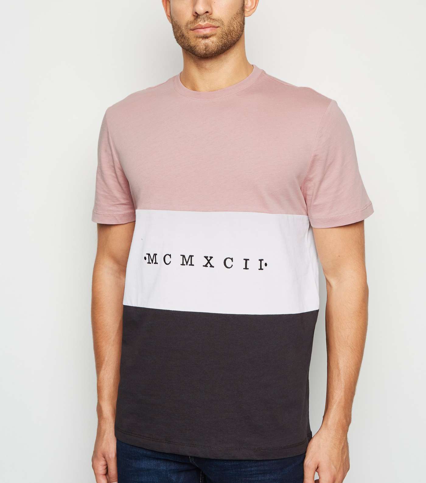 Pink Colour Block MCMXCII Slogan T-Shirt