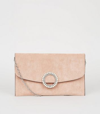 Pale Pink Suedette Diamant Ring Clutch Bag New Look