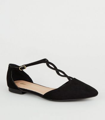 Black Pointed T-Bar Ballet Pumps | New Look