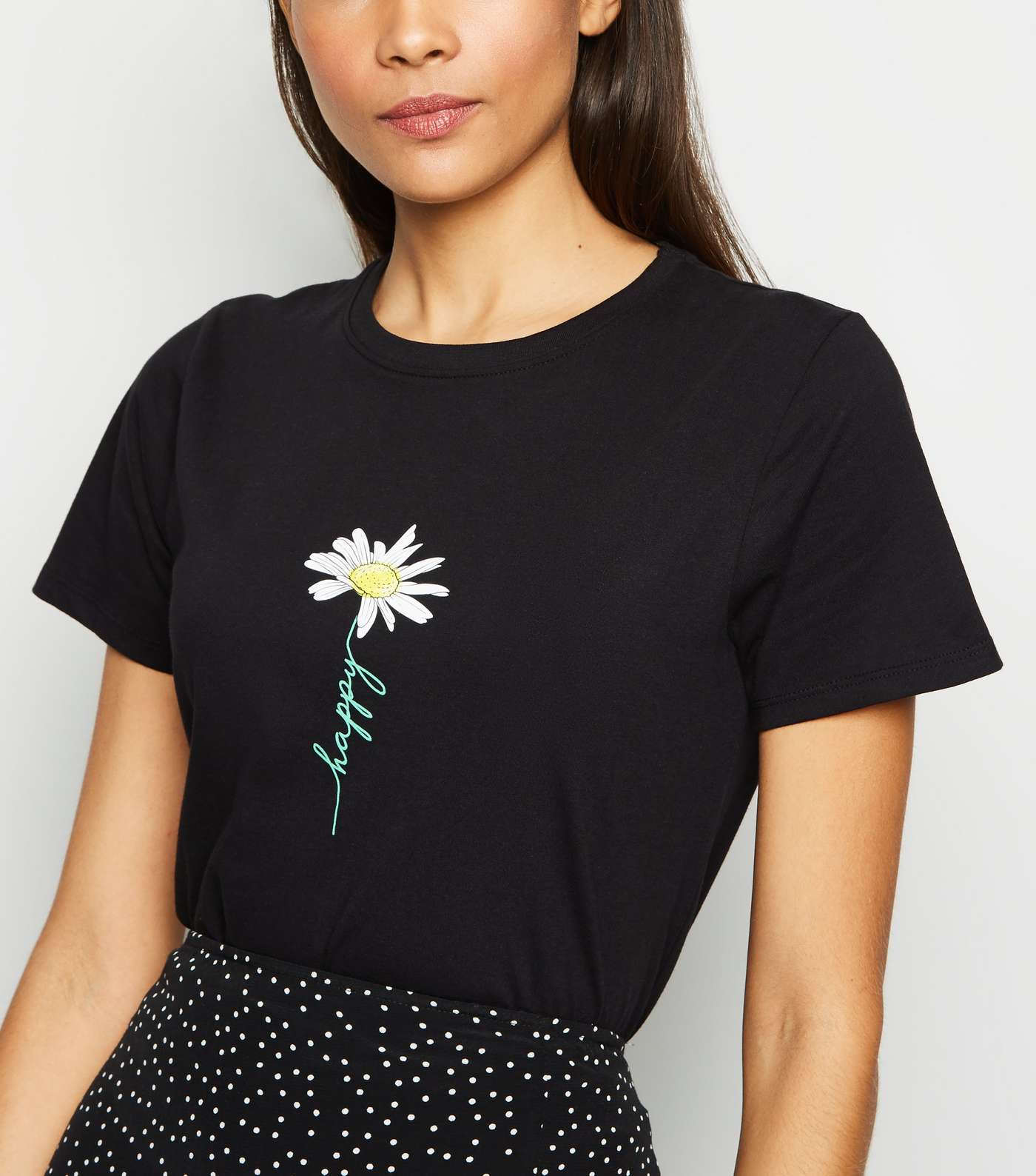 Black Happy Daisy Slogan T-Shirt
