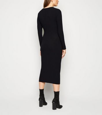 black ribbed long sleeve midi dress