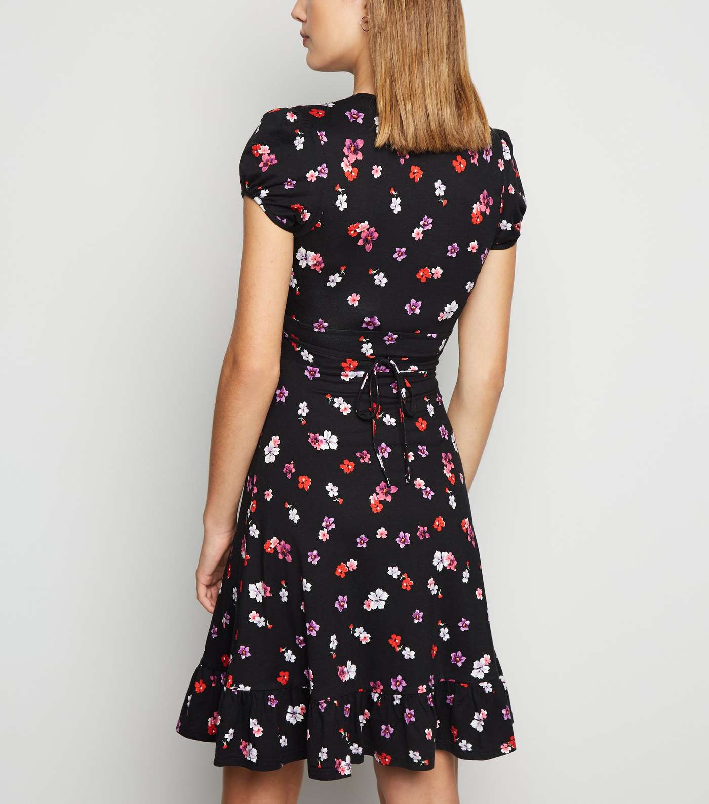 Black Floral Jersey Frill Mini Dress Image 3