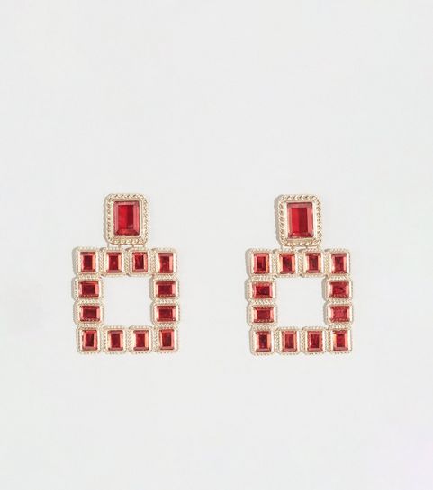 Burgundy Rectangular Gem Door Knocker Earrings