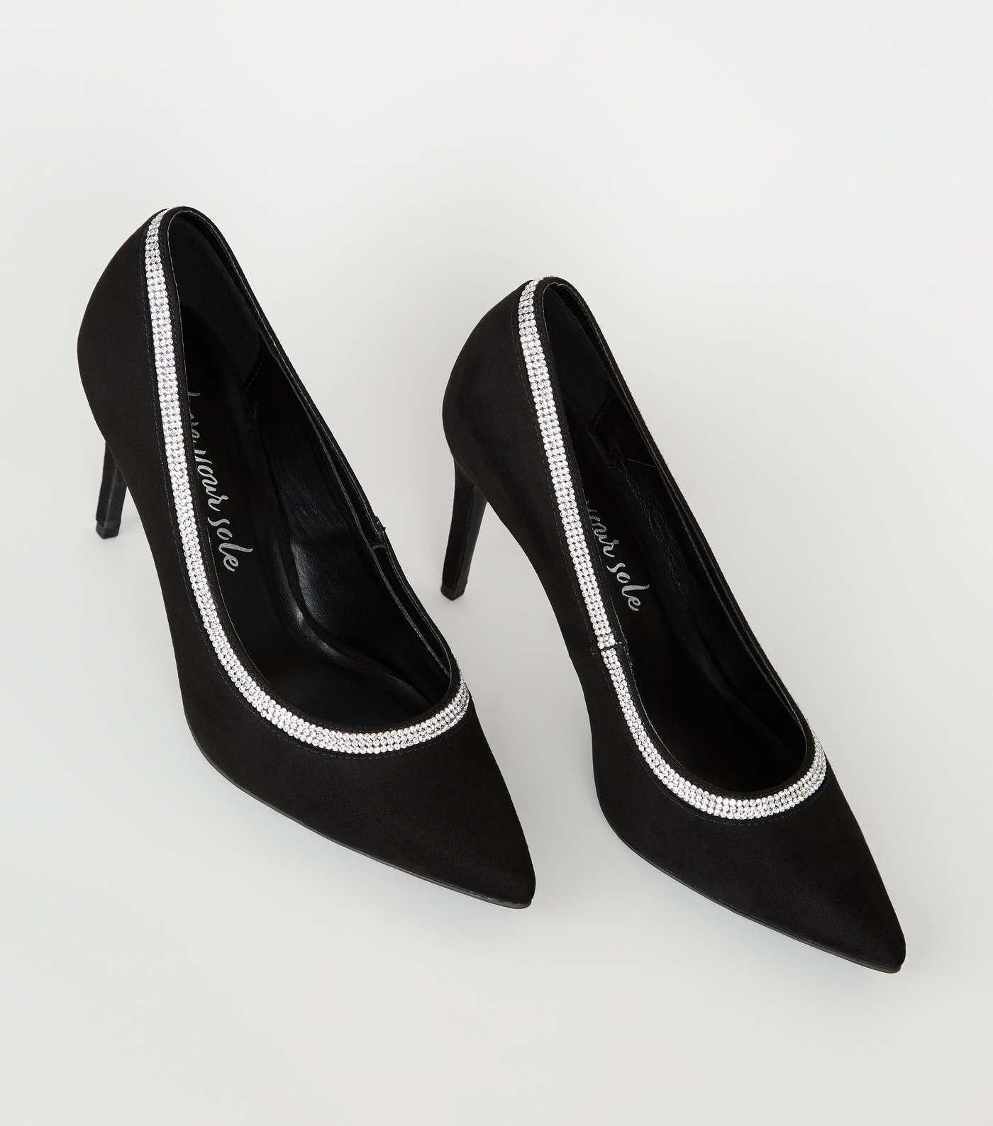 Black Suedette Diamanté Trim Court Shoes Image 3