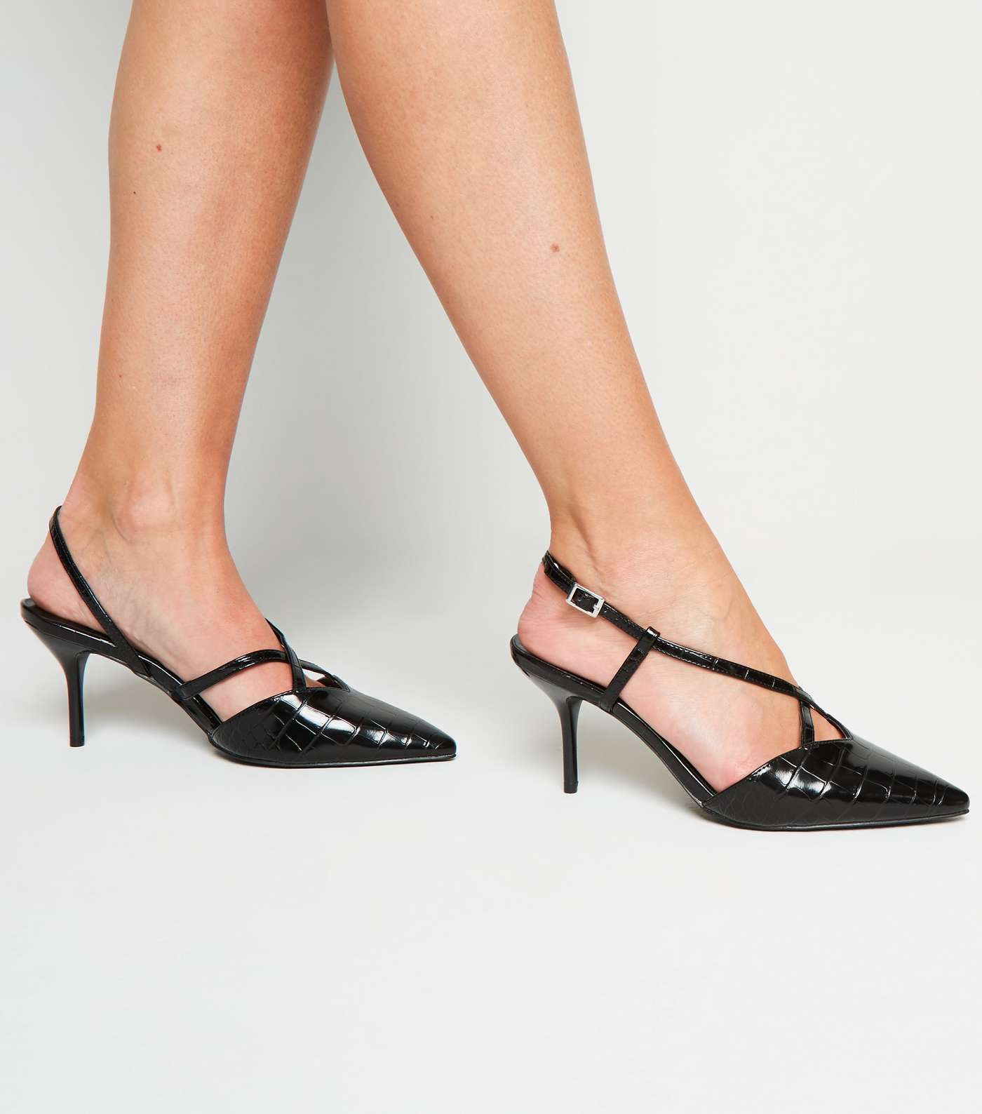 Black Faux Croc Strappy Court Shoes Image 2