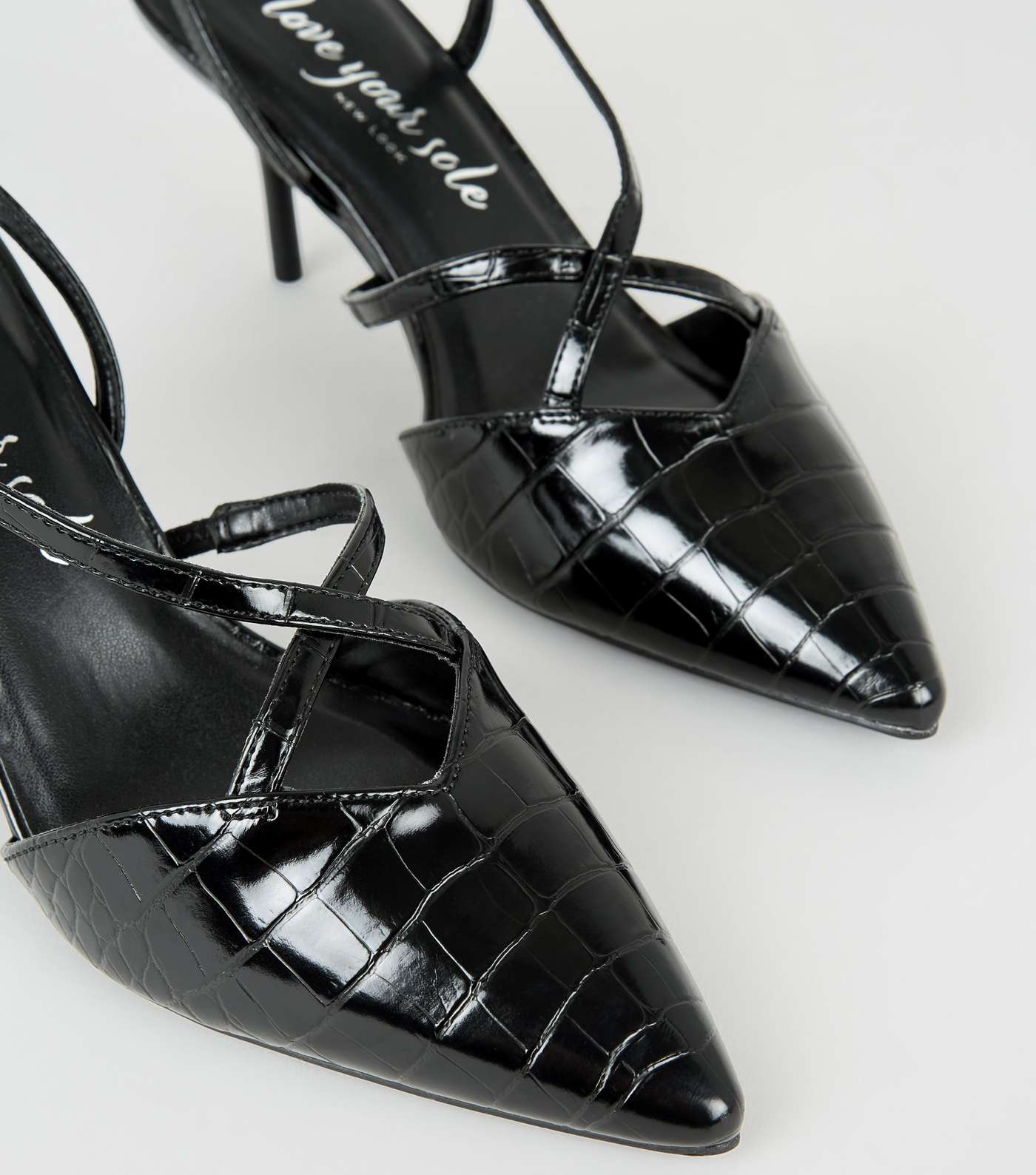 Black Faux Croc Strappy Court Shoes Image 4