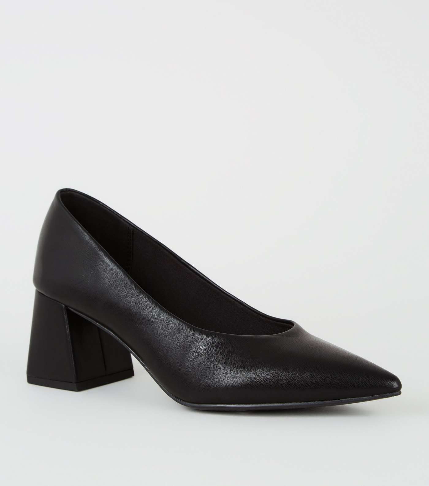 Black Leather-Look Flared Block Court Shoes