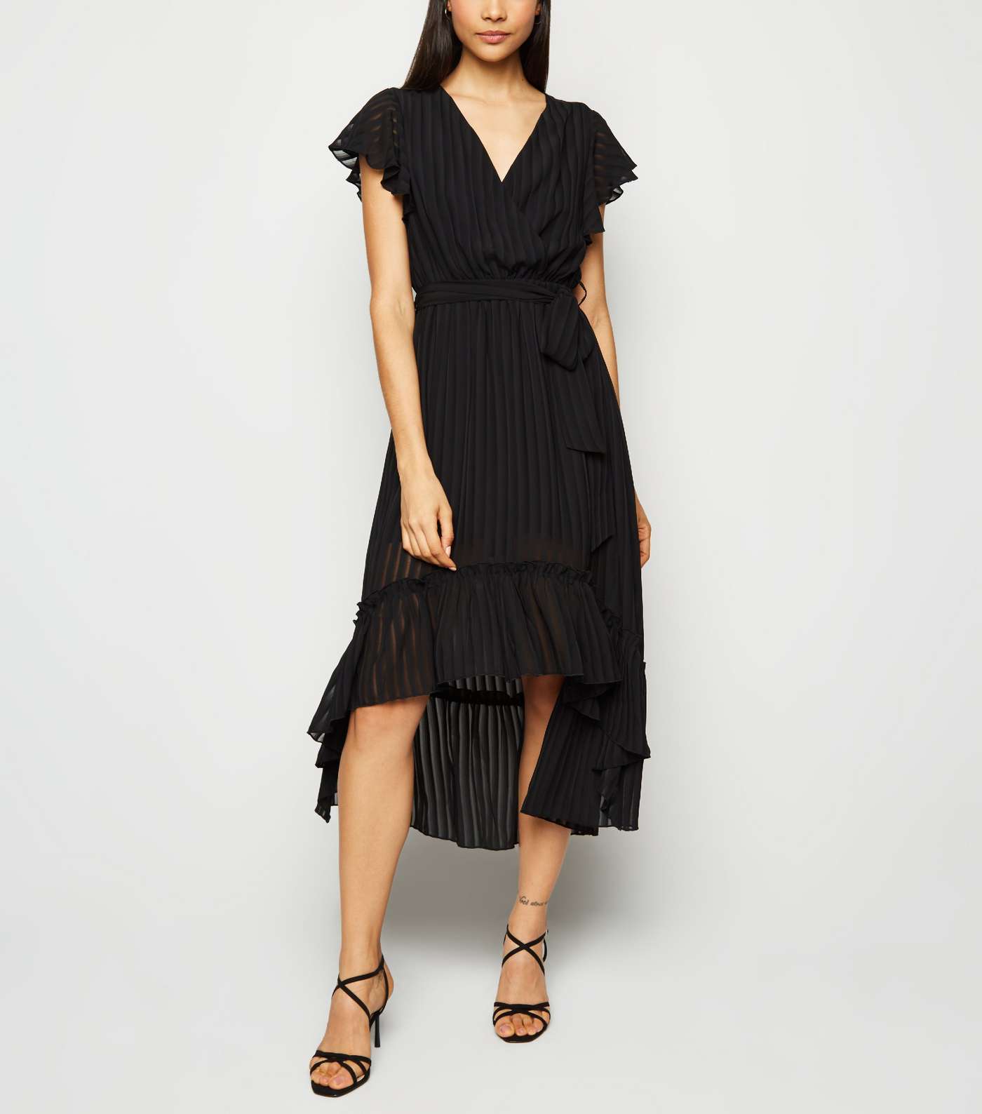 Black Chiffon Stripe Ruffle Midi Dress