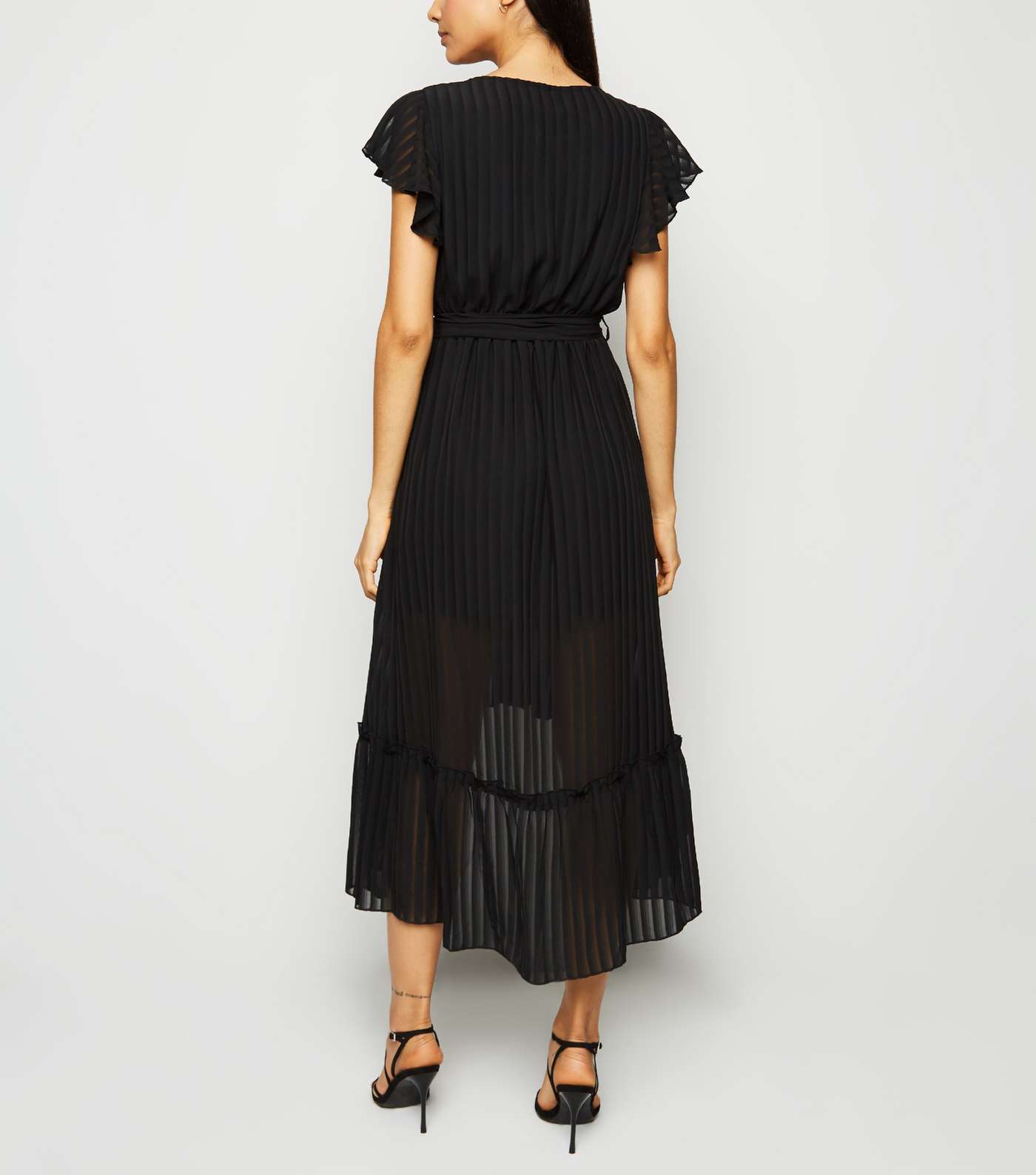 Black Chiffon Stripe Ruffle Midi Dress Image 3