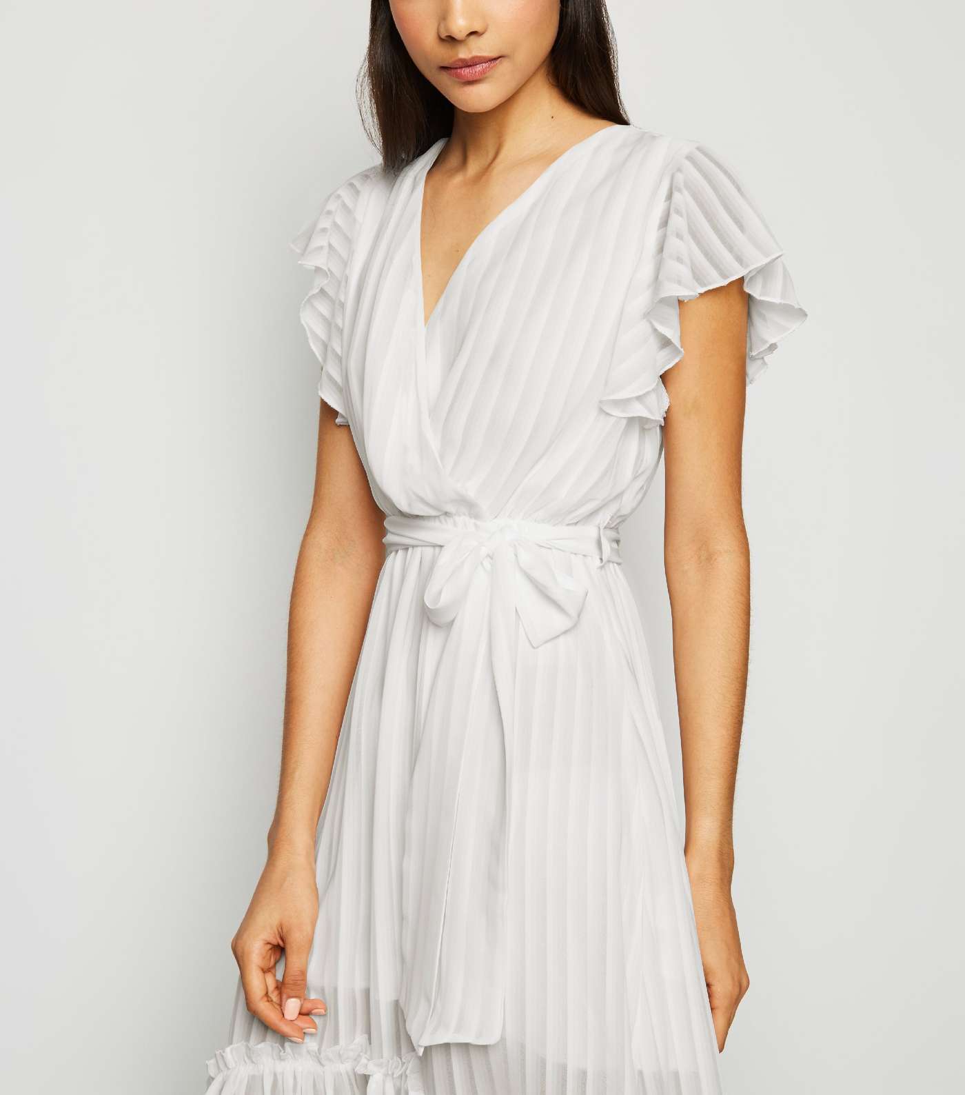 White Chiffon Stripe Ruffle Midi Dress Image 2