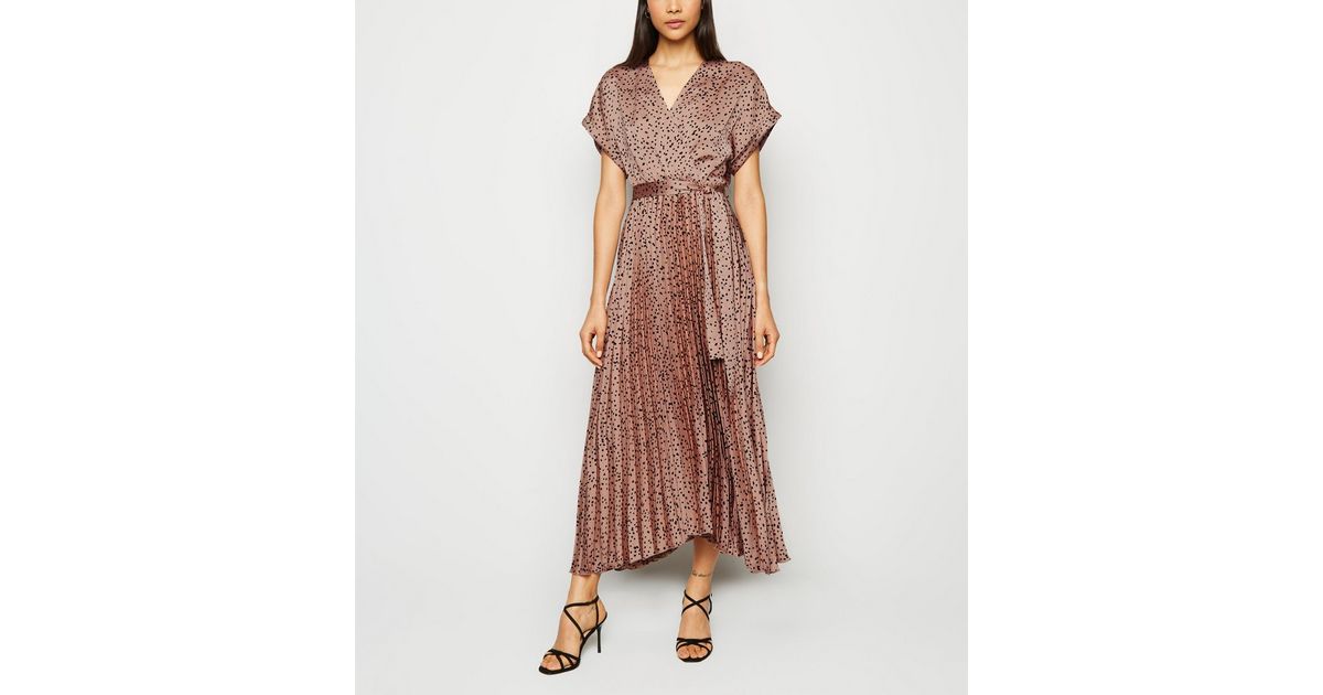 Brown Satin Spot Pleated Midi Dress | New Look
