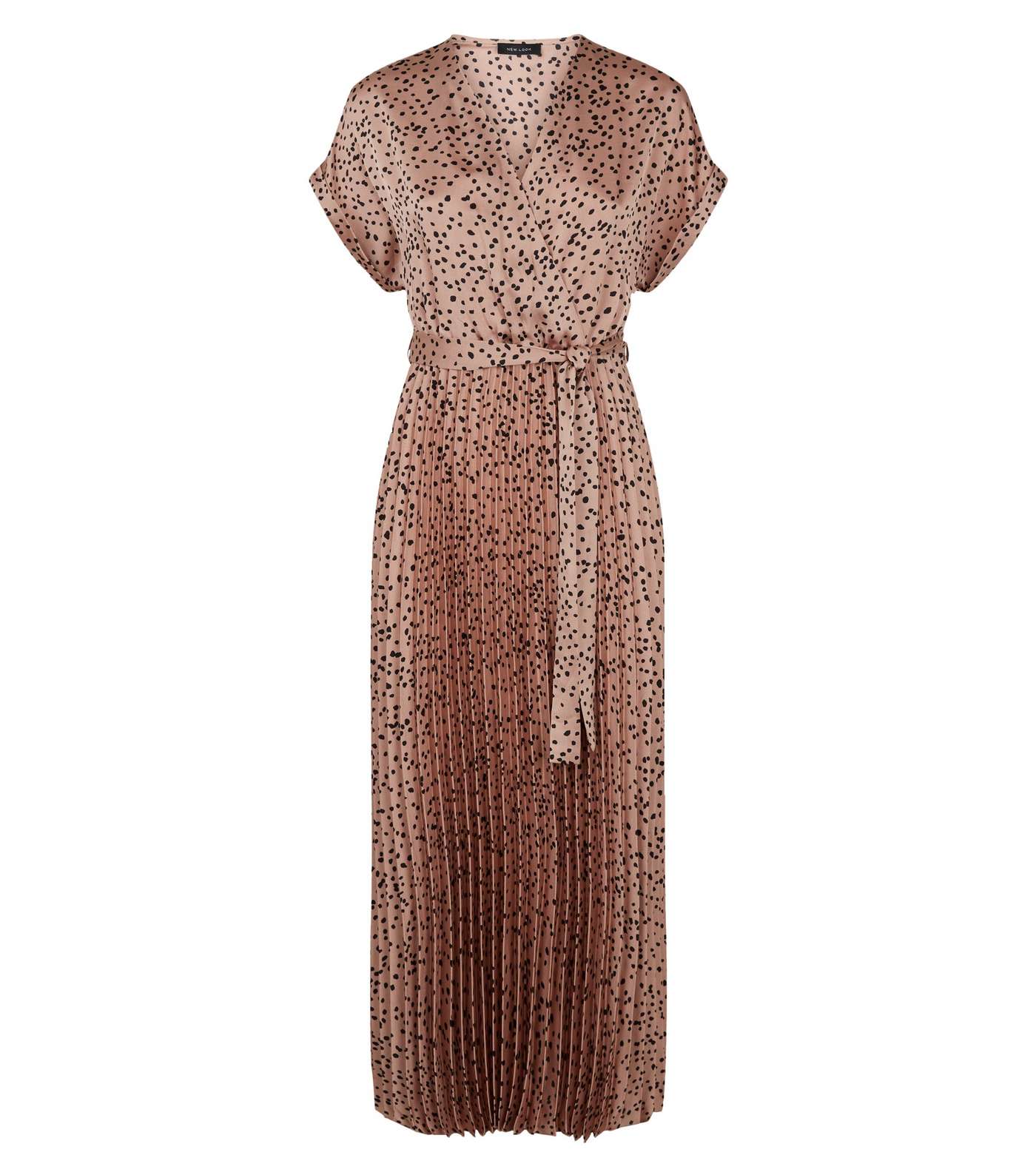 Brown Satin Spot Pleated Midi Dress Image 4