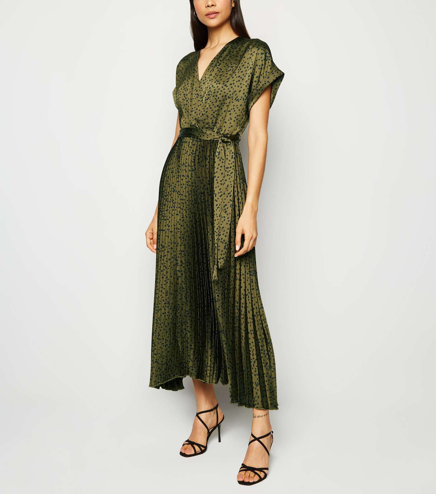 Green Satin Spot Pleated Midi Dress