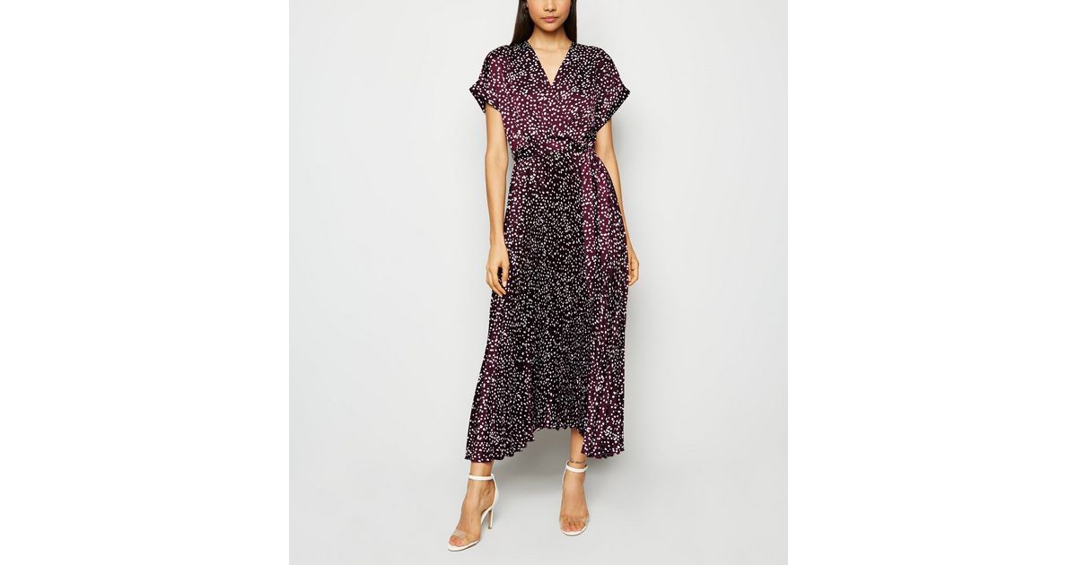 Purple Satin Spot Pleated Midi Dress | New Look