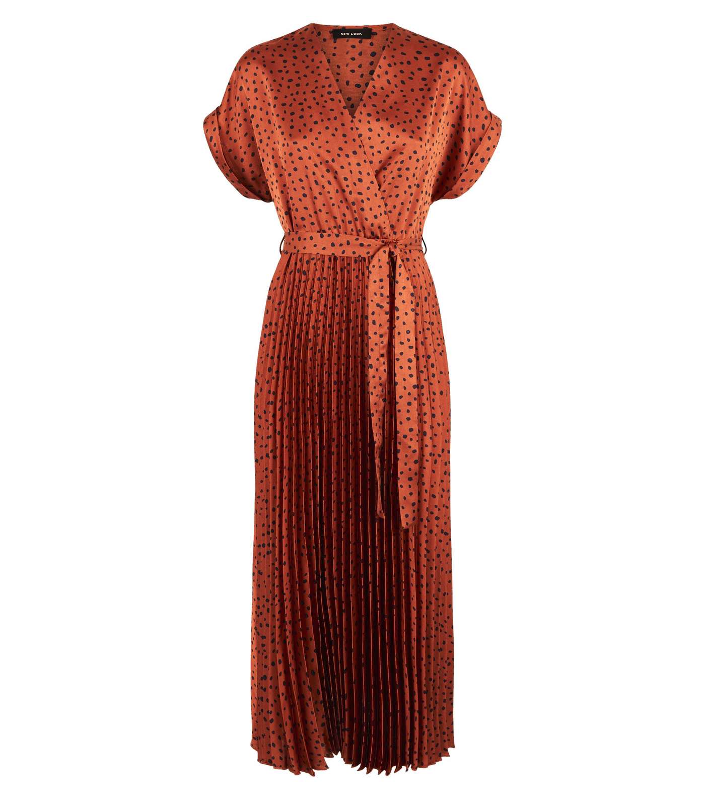 Rust Satin Spot Pleated Midi Dress Image 4