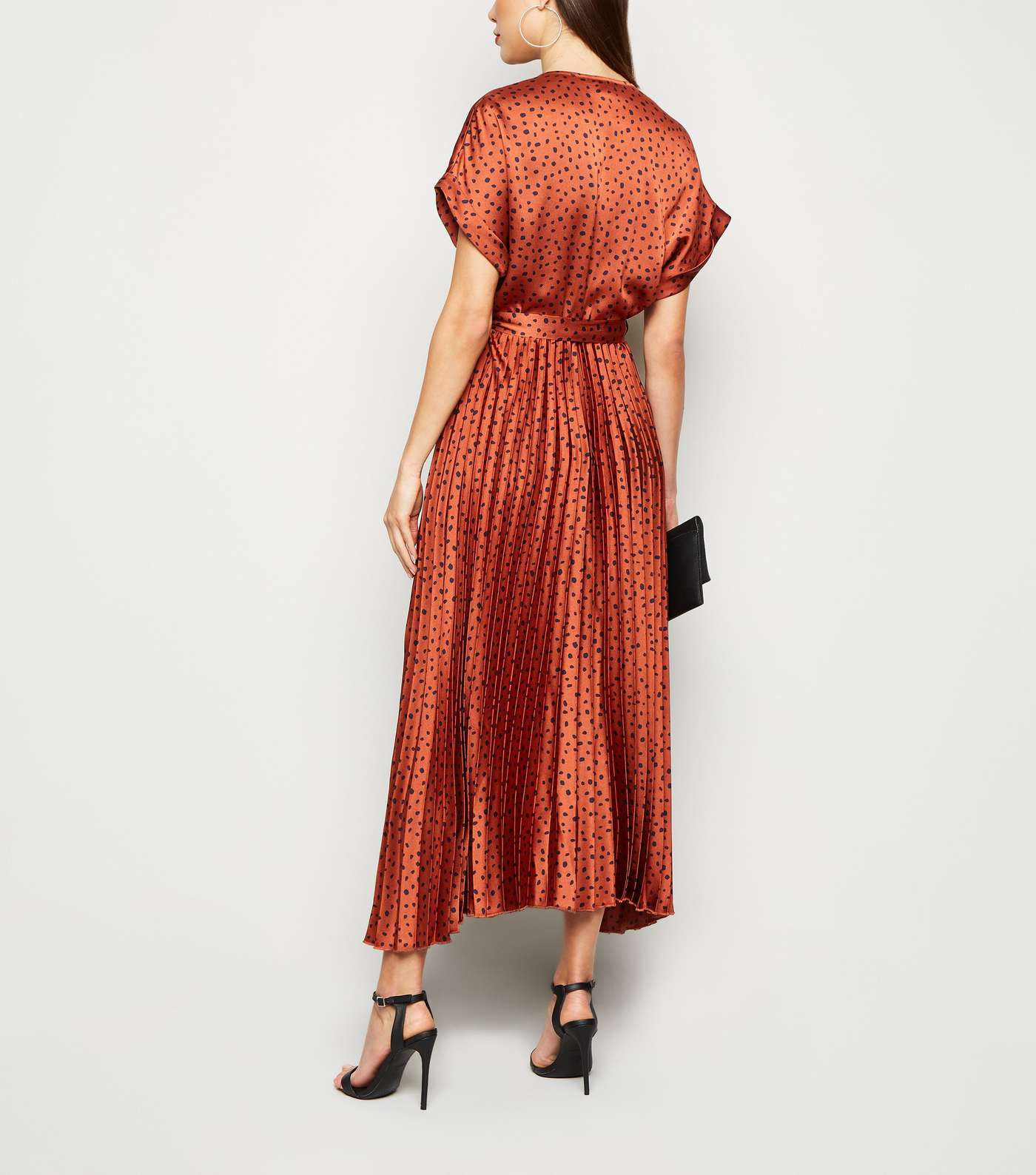 Rust Satin Spot Pleated Midi Dress Image 2