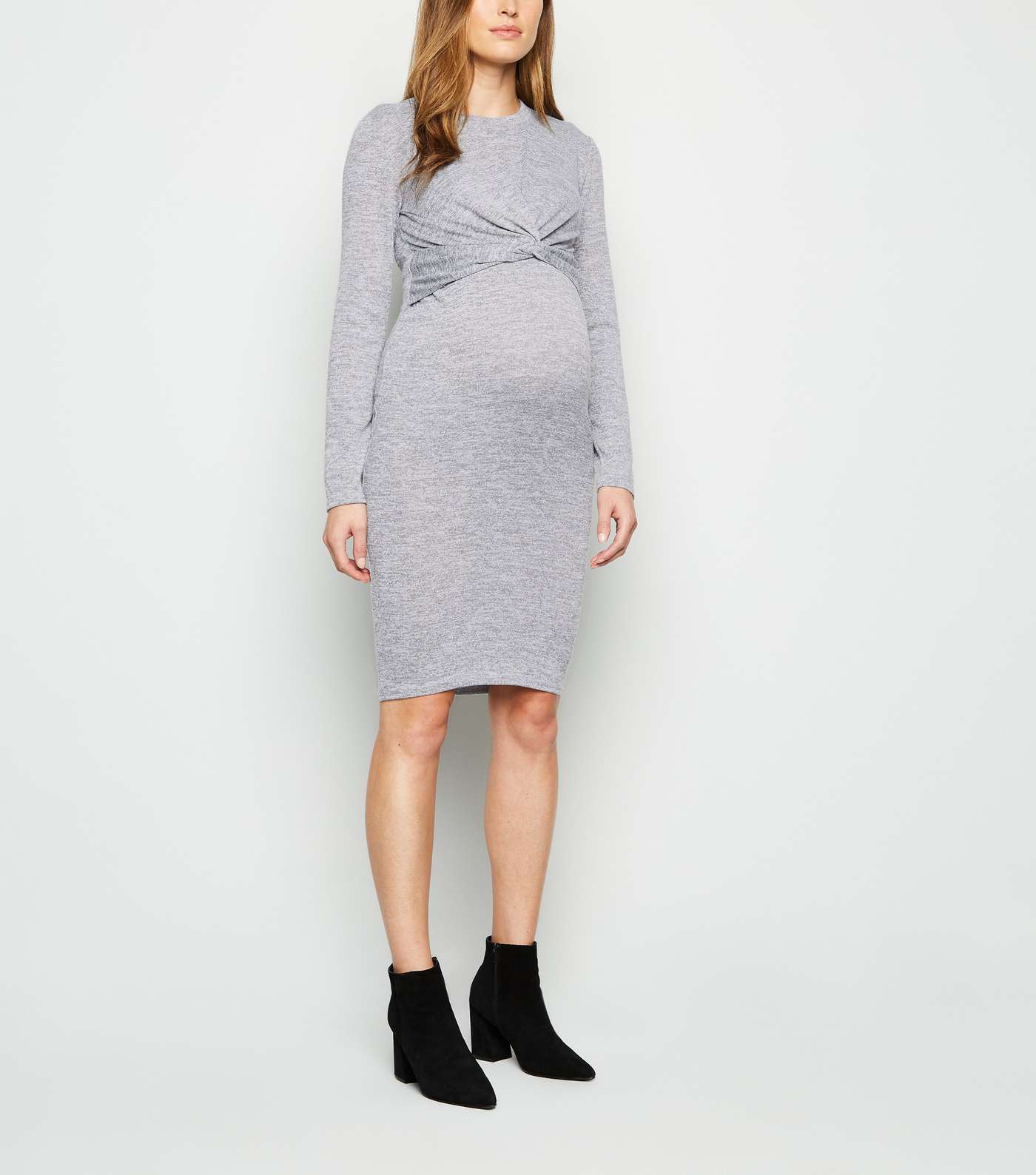Maternity Grey Fine Knit Twist Nursing Dress Image 2