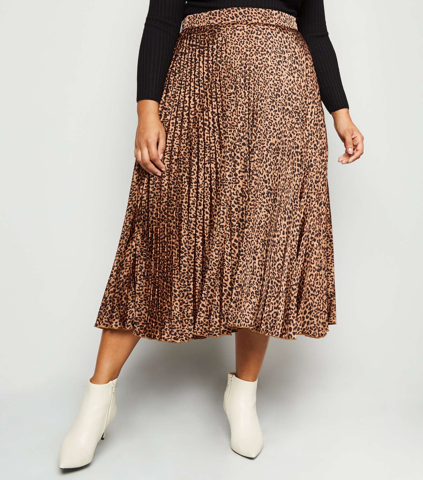 Curves Brown Satin Leopard Print Pleated Midi Skirt Image 2