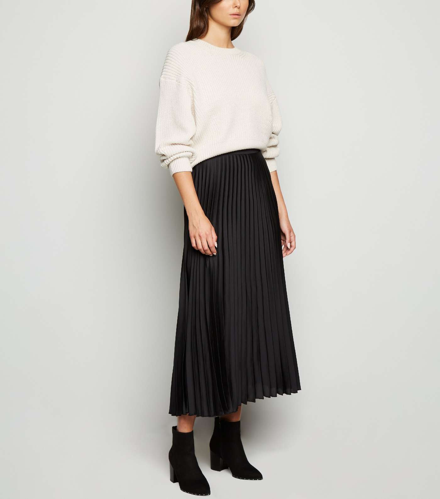 Tall Black Satin Pleated Midi Skirt
